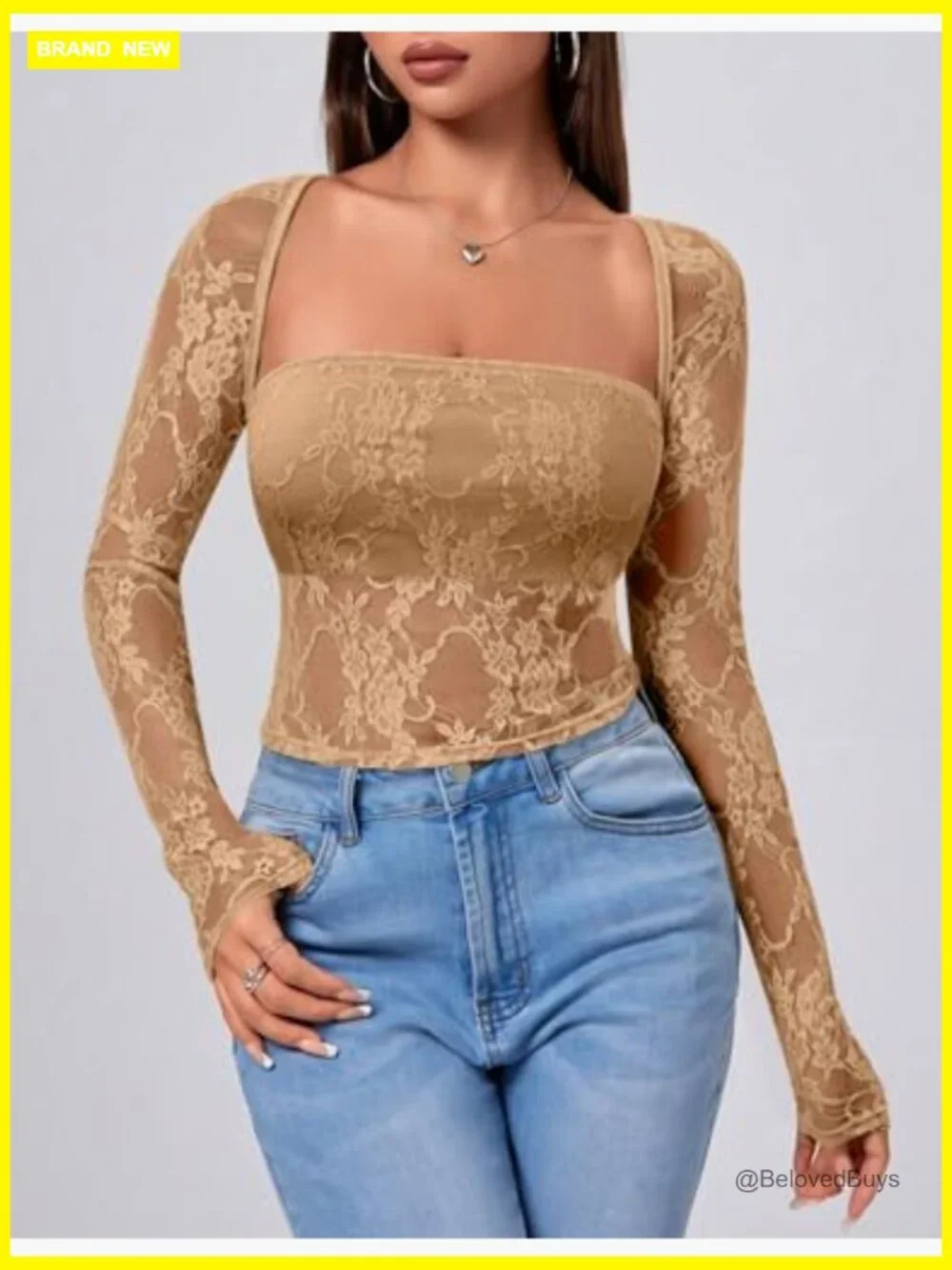 2 Piece Square Neck Crop Tops Set Long Sleeve Mesh Sheer Layering Tanks